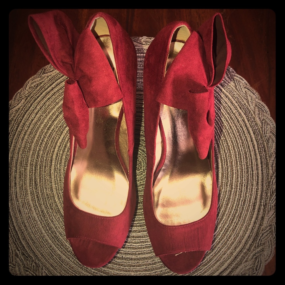 Red Maroon Velvet Heels Wedges